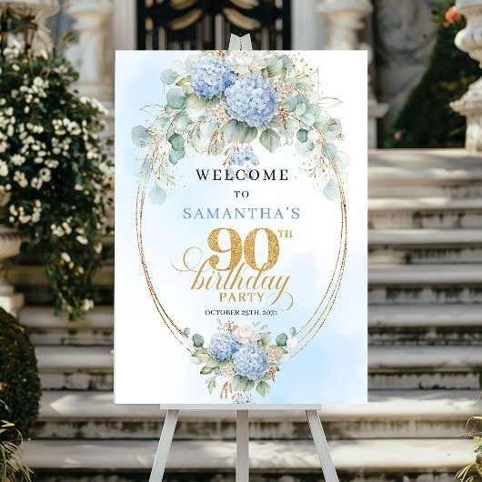 Pastel Blue Hydrangeas Gold 90th birthday welcome ポスター