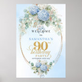 Pastel Blue Hydrangeas Gold 90th birthday welcome ポスター (正面)