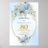 Pastel Blue Hydrangeas Gold Accent 80th birthday  ポスター (正面)