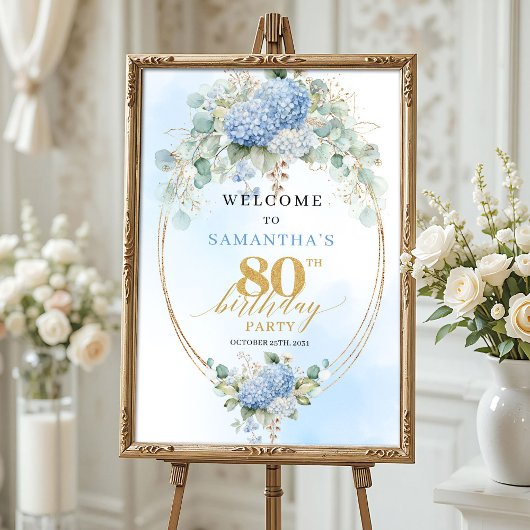 Pastel Blue Hydrangeas Gold Accent 80th birthday  ポスター