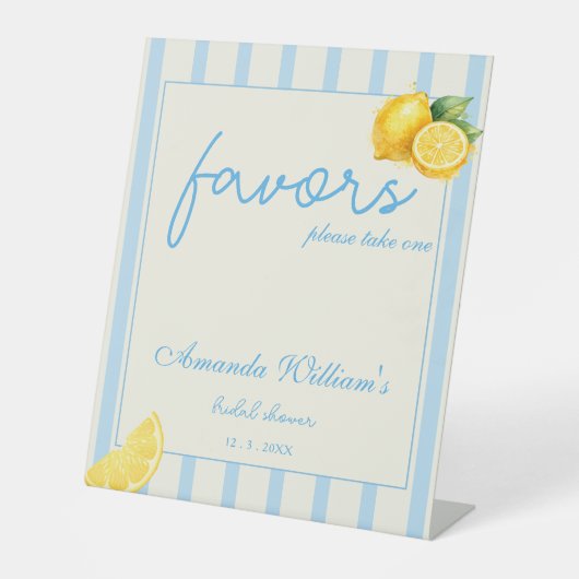 Pastel Blue Lemon Stripes Bridal Shower Favors 台座サイン (正面)