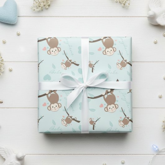 Pastel Blue Monkey Valentine Wrapping Paper  ラッピングペーパー