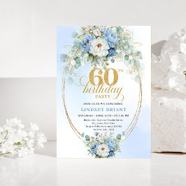 Pastel Blue Peonies Gold 60th Birthday Invitation 招待状