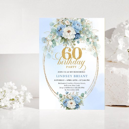 Pastel Blue Peonies Gold 60th Birthday Invitation 招待状