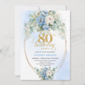 Pastel Blue Peonies Greenery Boho 80th Invite 招待状 (正面)