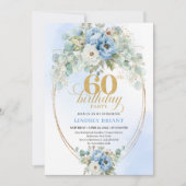 Pastel Blue Peony Gold 60th Birthday Invitation 招待状 (正面)