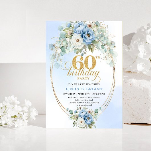 Pastel Blue Peony Gold 60th Birthday Invitation 招待状