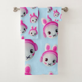 Pastel Blue & Pink Cartoon Bunny Towel バスタオルセット