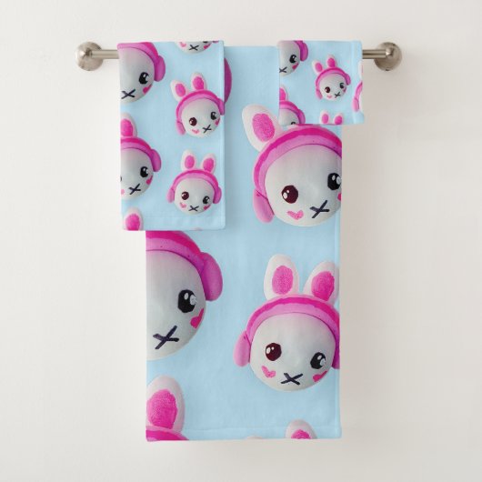 Pastel Blue & Pink Cartoon Bunny Towel バスタオルセット (インサイチュ)