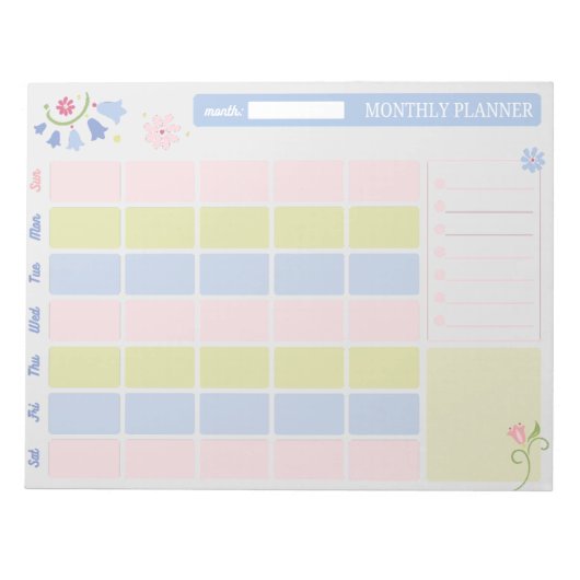 Pastel Blue Pink Cute Monthly Planner Notepad 11x8 ノートパッド (正面)
