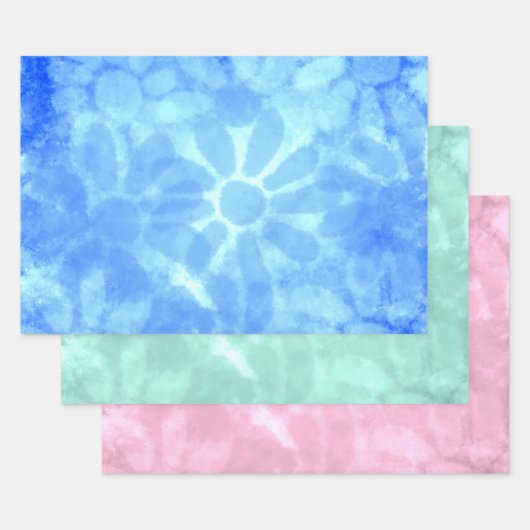 Pastel Blue Pink Green Tie-Dye Flowers Decoupage ラッピングペーパーシート (セット)