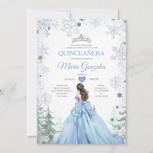 Pastel Blue Princess Winter Forest Quinceañera 招待状 (正面)