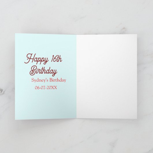 Pastel blue red happy 16th birthday name date eleg カード (内部)