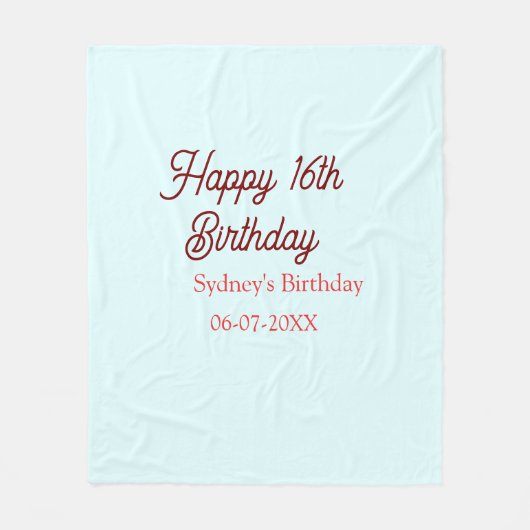 Pastel blue red happy 16th birthday name date eleg フリースブランケット (正面)