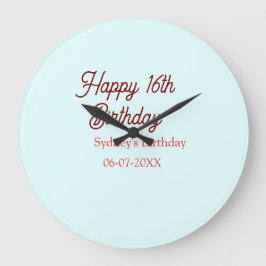 Pastel blue red happy 16th birthday name date eleg ラージ壁時計