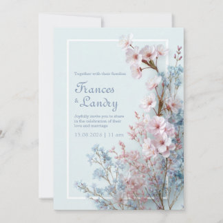 Pastel Blue Romantic Sakura Botanical Border 招待状