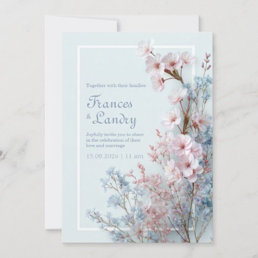 Pastel Blue Romantic Sakura Botanical Border 招待状 (正面)