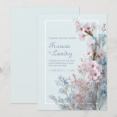 Pastel Blue Romantic Sakura Botanical Border 招待状 (正面/裏面)