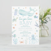 Pastel Blue Sea You Soon Under the Sea Baby Shower 招待状 (スタンド正面)