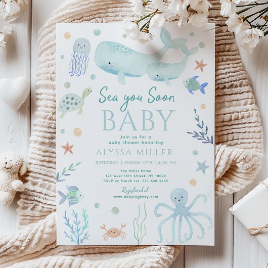 Pastel Blue Sea You Soon Under the Sea Baby Shower 招待状