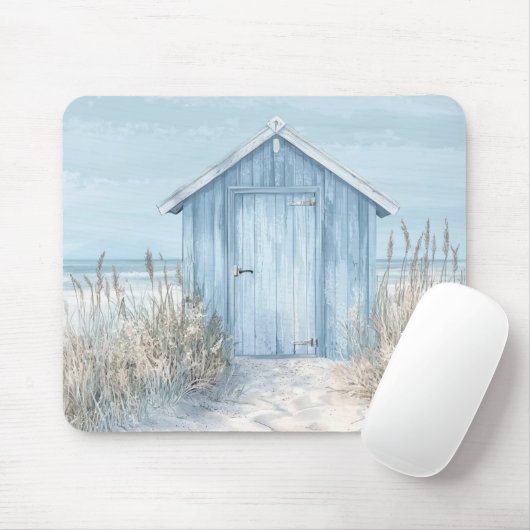 PASTEL BLUE SEASIDE BEACH HUT BY THE OCEAN マウスパッド (マウス)