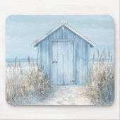 PASTEL BLUE SEASIDE BEACH HUT BY THE OCEAN マウスパッド (正面)