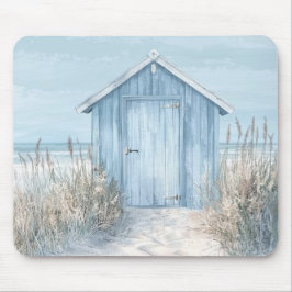PASTEL BLUE SEASIDE BEACH HUT BY THE OCEAN マウスパッド