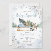 Pastel Blue Sleigh Winter Animals Baby Sprinkle 招待状 (正面)
