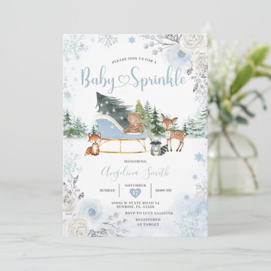 Pastel Blue Sleigh Winter Animals Baby Sprinkle 招待状 (スタンド正面)