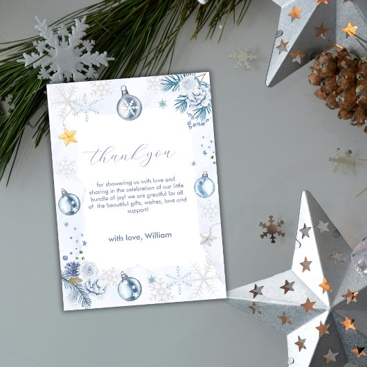 Pastel Blue Snowflake Floral Winter Baby Shower  サンキューカード