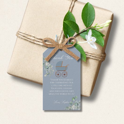 Pastel Blue Stripes Baby Carriage Baby Shower ギフトタグ