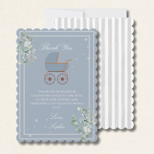 Pastel Blue Stripes Baby Carriage Baby Shower サンキューカード