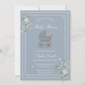 Pastel Blue Stripes Baby Carriage Baby Shower 招待状 (正面)