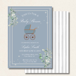 Pastel Blue Stripes Baby Carriage Baby Shower 招待状
