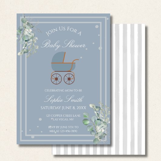 Pastel Blue Stripes Baby Carriage Baby Shower 招待状