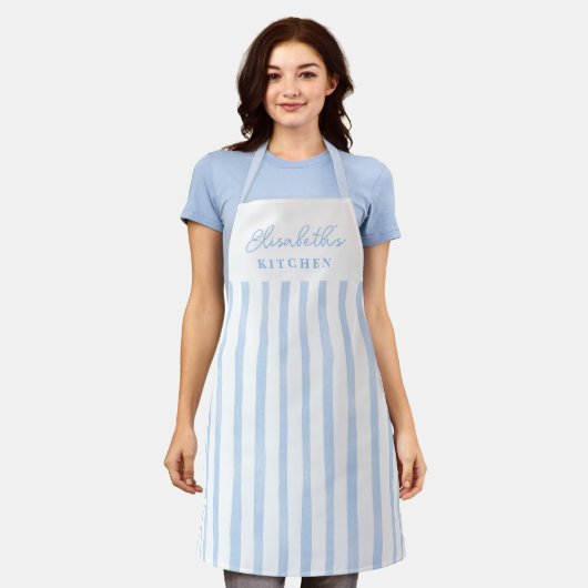 Pastel Blue Stripes Name Apron エプロン (着用した状態)
