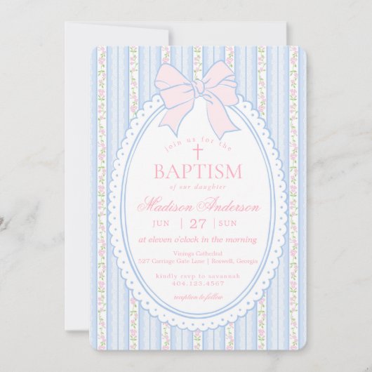 Pastel Blue Vintage Fancy Floral Baptism 招待状 (正面)