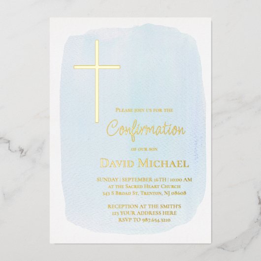 pastel blue watercolor Confirmation boy 箔招待状 (正面)