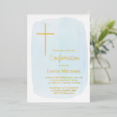 pastel blue watercolor Confirmation boy 箔招待状 (立ち正面)