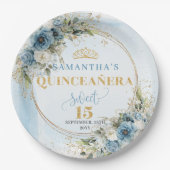 Pastel Blue Watercolor Floral Gold Quinceañera  ペーパープレート (正面)