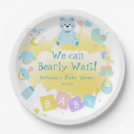 Pastel Blue We Can Bearly Wait Cute Baby Shower ペーパープレート