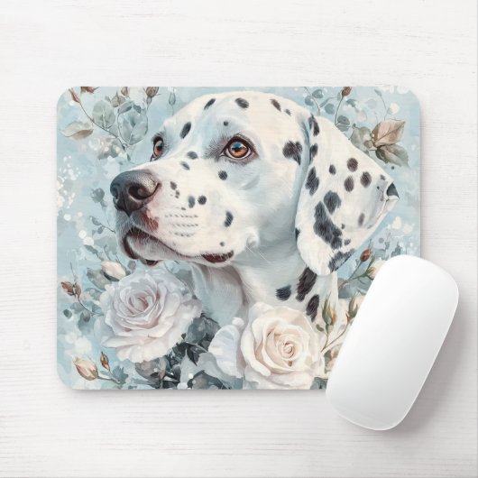 PASTEL BLUE & WHITE FLOWERS WITH DALMATIAN DOG マウスパッド (マウス)