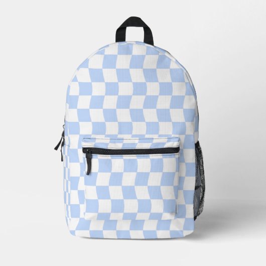 Pastel Blue White Retro Checkerboard Pattern プリントバックパック (正面)