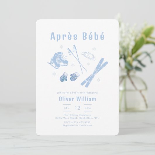 Pastel Blue Winter Après Bébé Ski Baby Shower   招待状 (スタンド正面)