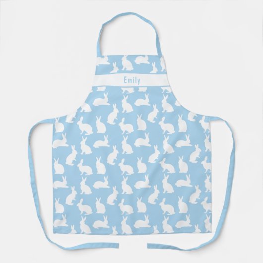 Pastel Blue With White Bunny Pattern And Name エプロン (正面)