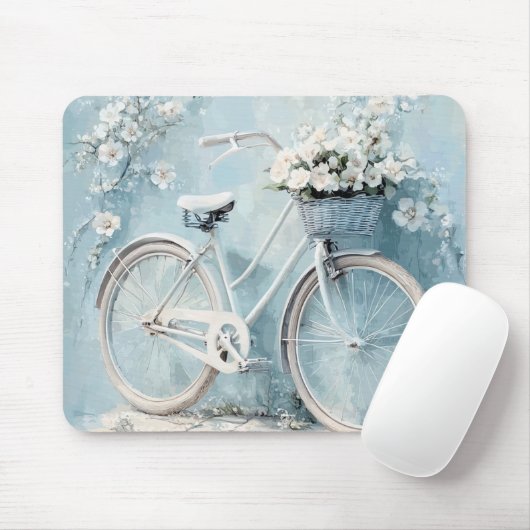 PASTEL BLUE WITH WHITE FLOWERS AND BICYCLE マウスパッド (マウス)