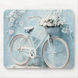 PASTEL BLUE WITH WHITE FLOWERS AND BICYCLE マウスパッド