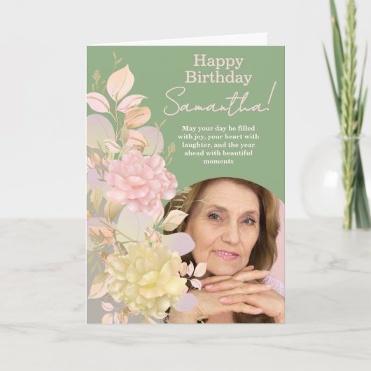 Pastel Blush Pink Floral Photo Birthday Greeting カード (正面)