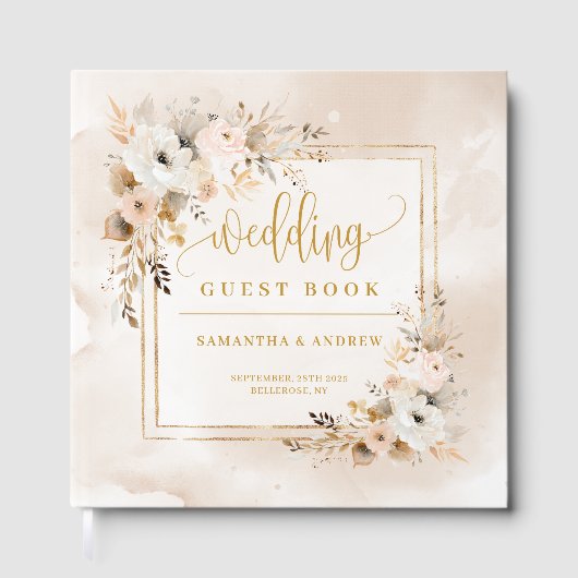 Pastel Boho Neutral Gold Autumn Wedding Guest Book ゲストブック (正面)