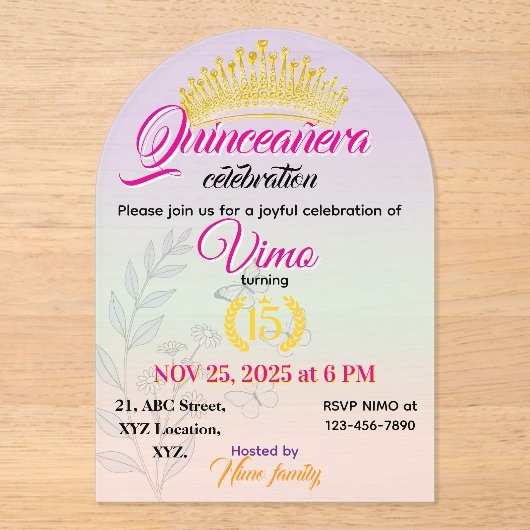 Pastel Botanical Quinceañera Acrylic Invitation アクリル招待状 (正面)